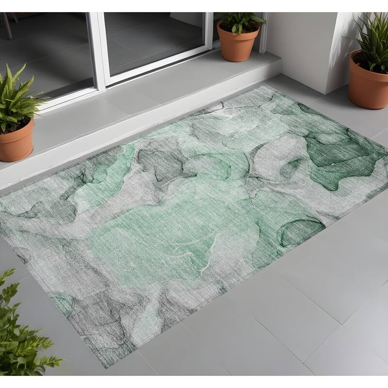 Allus Artistic Abstract Weather Resistant Classic Meets Modern Outdoor Rug - 2' x 3' - Green
