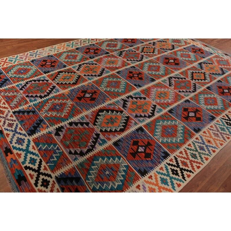Geometric Kilim Oriental Area Rug Hand-Woven Multi-Color Wool Carpet - 8'4"x 11'6"