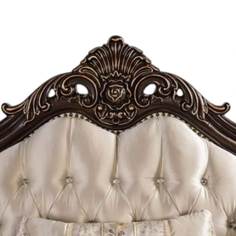 Puhi Sofa w Accent Pillows, Beige Fabric, Ornate Carved Wood, 95 Inch