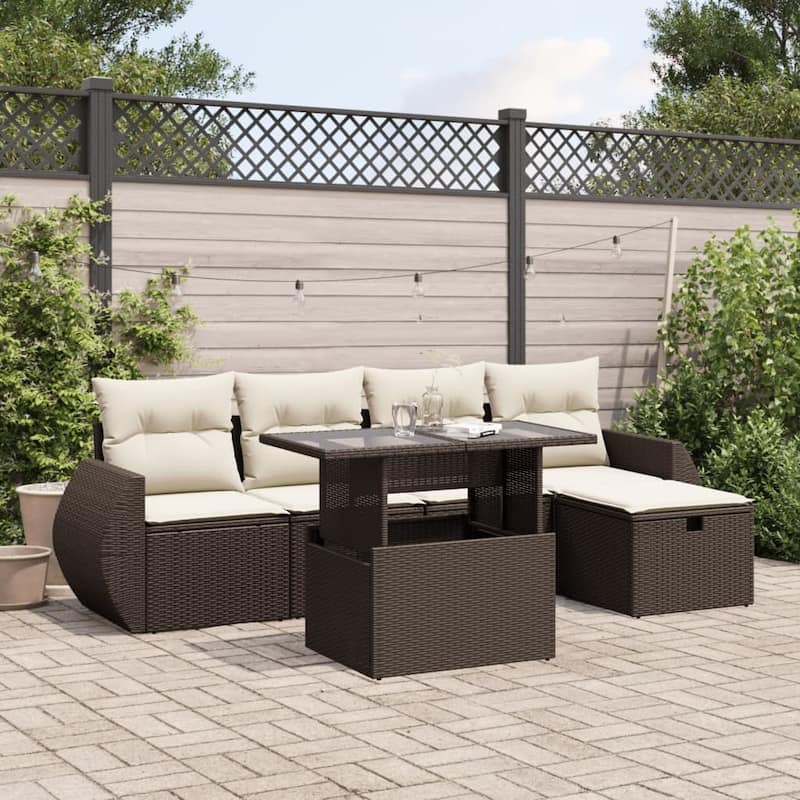 vidaXL Patio Sofa Set with Cushions Outdoor Furniture 6 Piece Poly Rattan - Brown and cream - 21.7 x 39.4 x 27.2 in