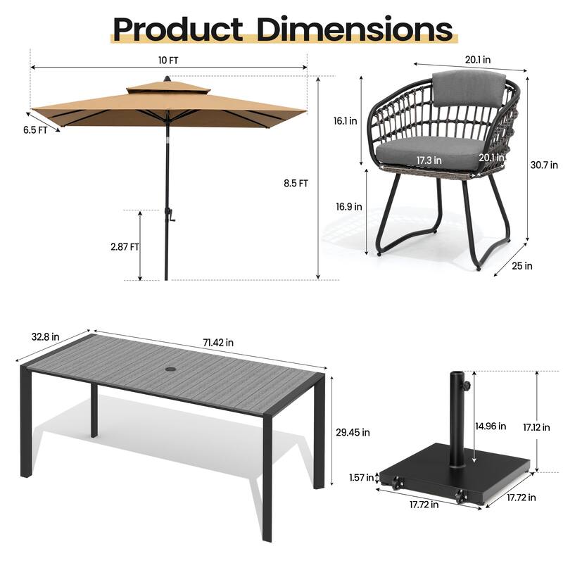 Set of 9 Outdoor Patio Dining Set WoodLike Aluminum Umbrella Hole Table with Rattan Chairs, Market Umbrella and Wheel Base