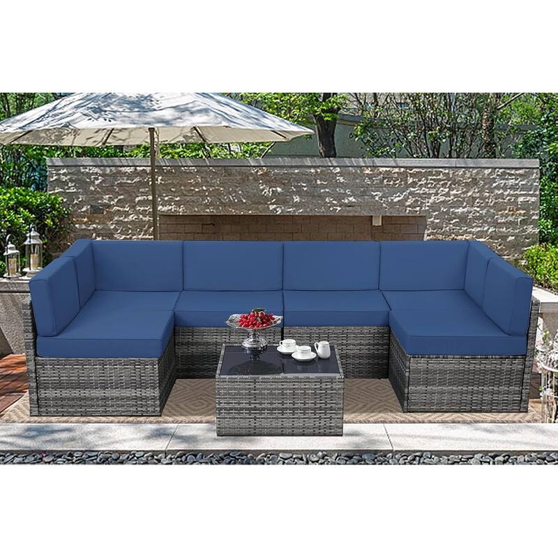 AECOJOY 7 Pieces Outdoor Sectional Sofa Wicker Rattan Conversation Set