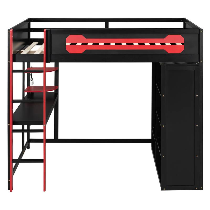 Full Size Gaming Loft Bed with Desk & Wardrobe, Wooden Storage Bed with RGB LED Lighting, Charging Station