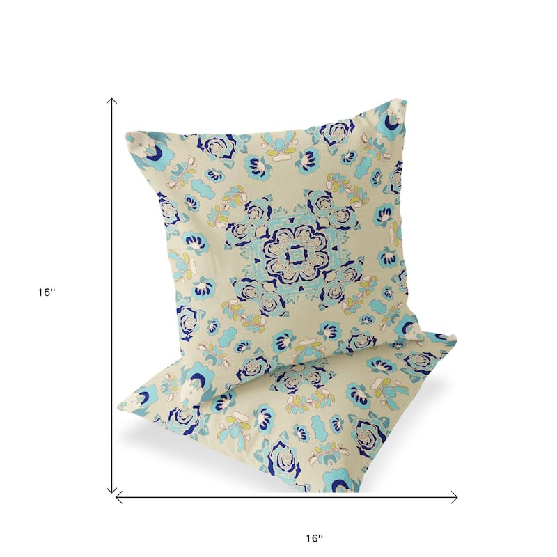 HomeRoots Set of Two 16" X 16" Blue and Off White Blown Seam Floral Indoor Outdoor Throw Pillow - 16.00' X '16.00' X '5.00