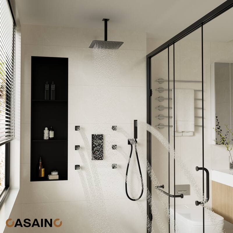 Luxury Thermostatic Shower System 1-Spray Patterns Ceiling Mount Fixed Shower Head and Handheld Spray with 6 Body Jets - Matte Black