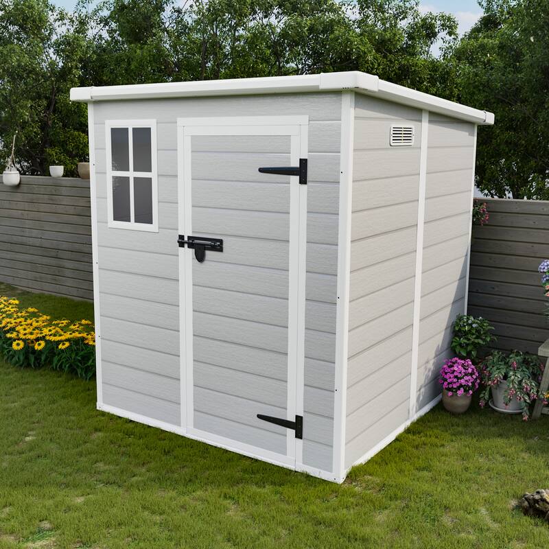 6x6 FT Storage Shed, Waterproof Resin Outdoor Storage Shed with Floor & Window & Lockable Doors and Vents, Tool Shed