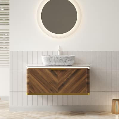 36" Bathroom Vanity with Vessel Sink One Drawer Floating Storage Cabinet with Sensor Light, Pre-assembled