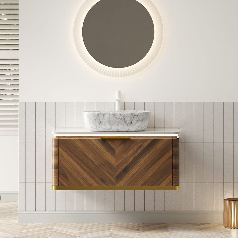 GDFStudio - Dipa Modern 36" Floating Bathroom Vanity with Sensor Light, Drawer & Marble Pattern Ceramic Basin, WITHOUT Faucet