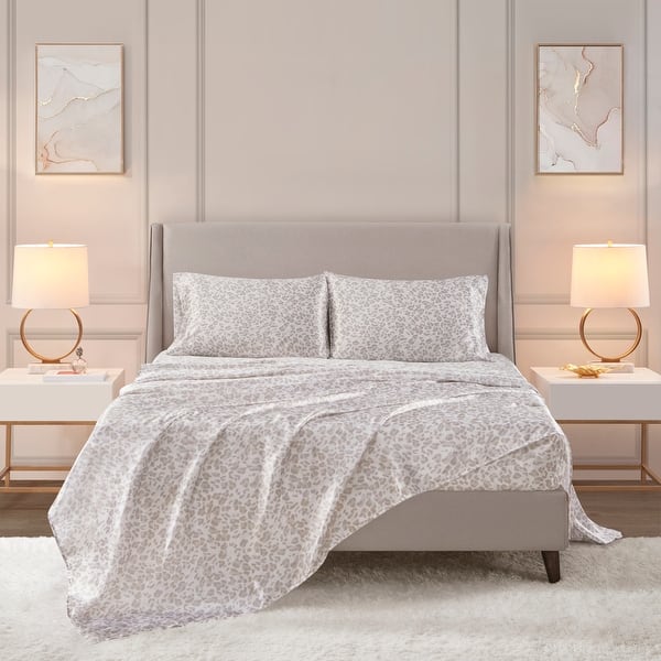 slide 2 of 18, Madison Park Essentials Printed Satin Sheet Set Full - Taupe Leopard