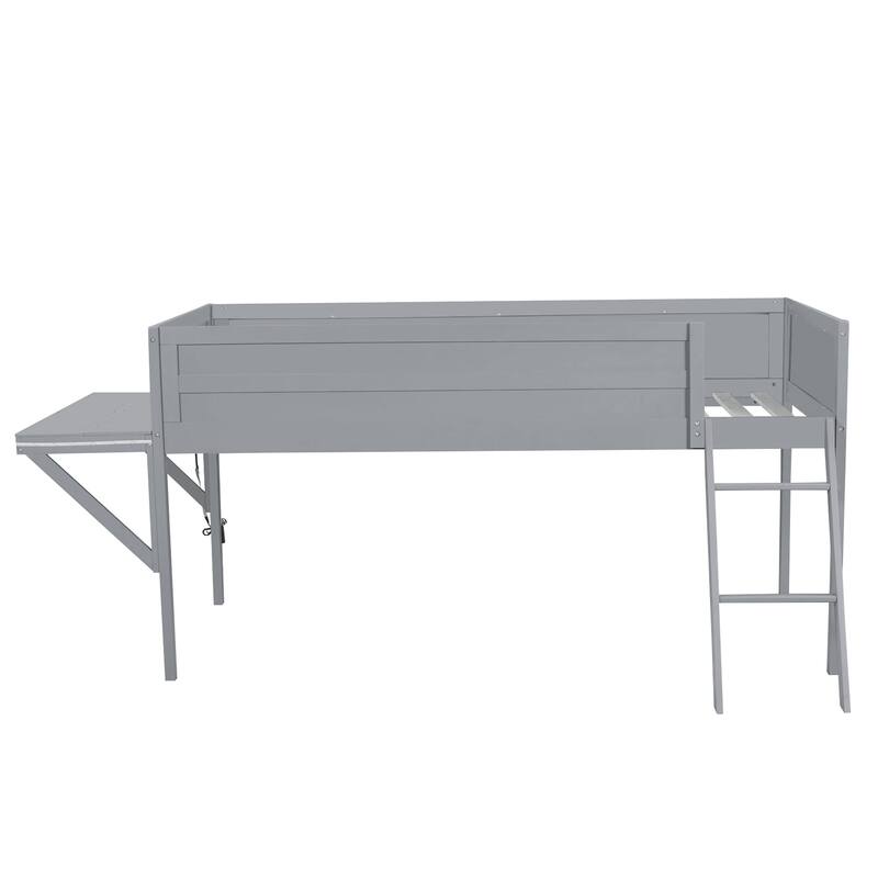 Grey Twin Size Gaming Loft Bed with Integrated Desk and LED Lighting, Storage Space for Consoles