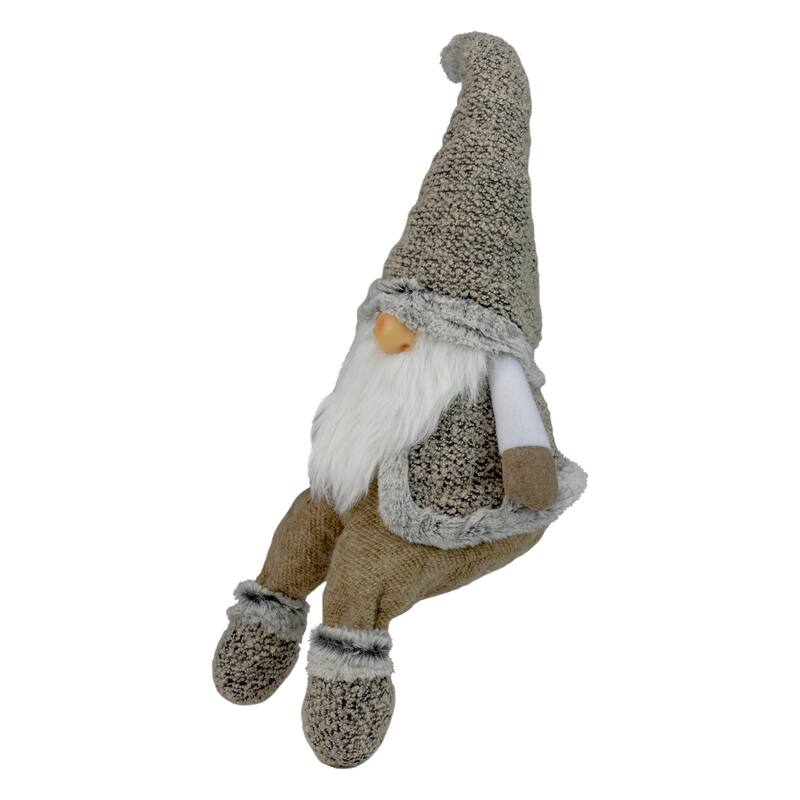 Sitting Plush Faux Fur Gnome Christmas Figure - 17" - Gray and Beige