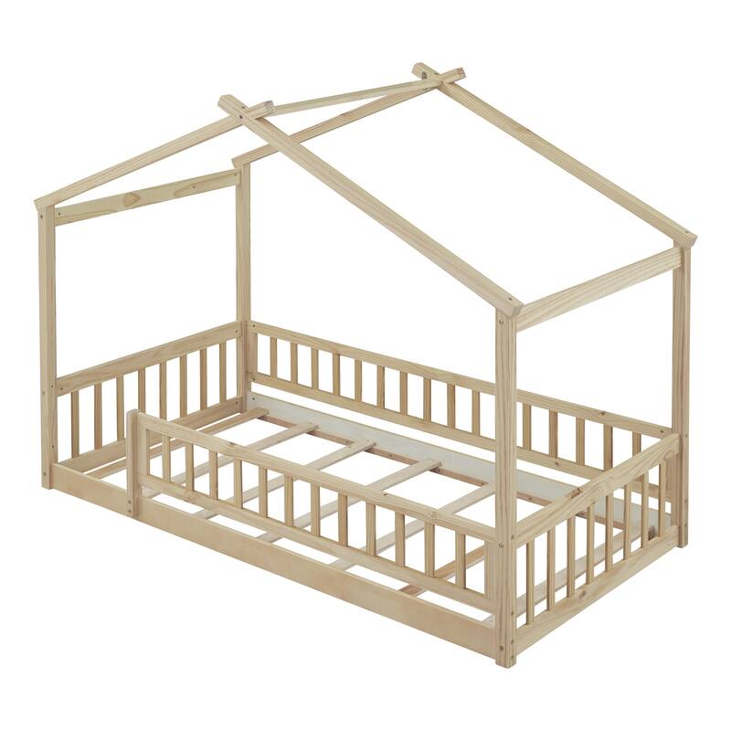 Wood Bed House Bed Frame with Fence for Kids