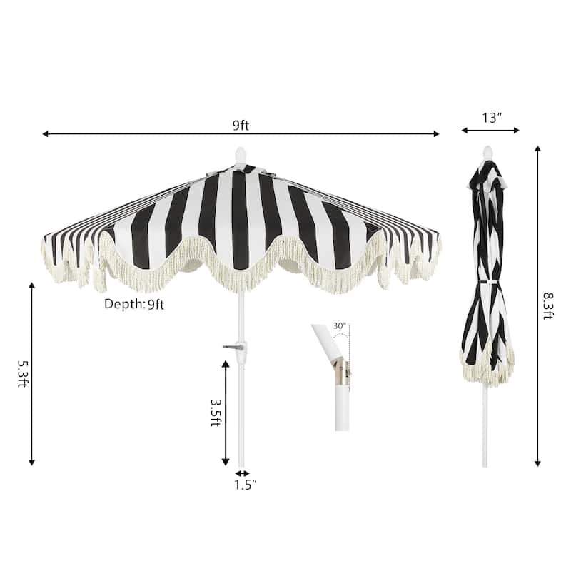 9ft Tassel Patio Umbrella Auto-Tilt, Crank , by JONATHAN Y