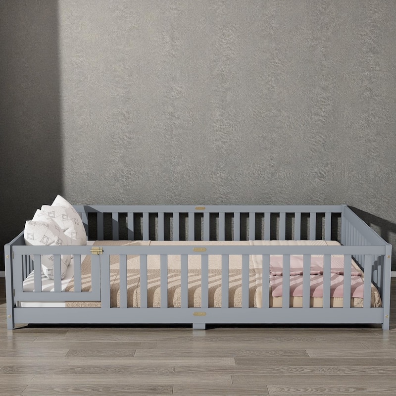 Queen Size Rubber Wood Floor Bed with Fence and Door, Montessori Platform Bed with Safety Guardrails for Kids