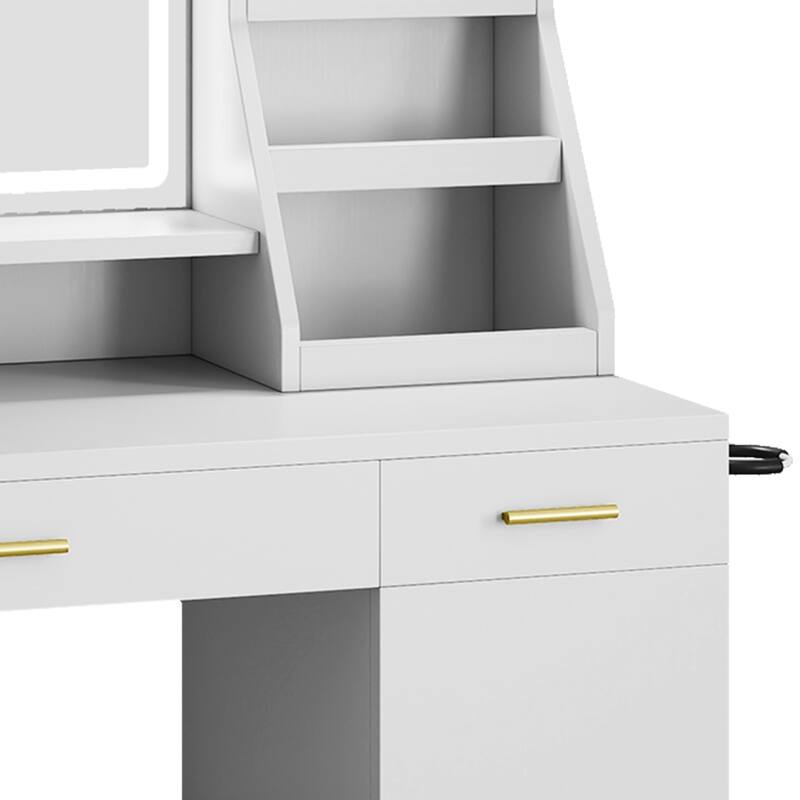 Moasis Makeup Vanity Desk with Mirror and Lights, Dressing Table with 2 Storage Drawers & Hairdryer Holder