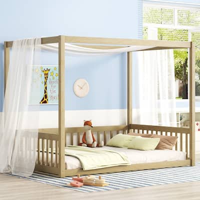 Pine Wood Canopy Frame Floor Bed with Guardrails