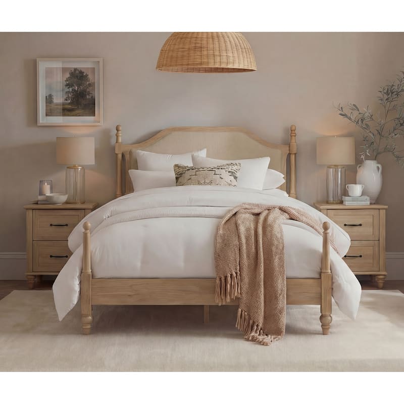 3 Piece Bedroom Set, Queen Size Bed Frame & Set of 2 Nightstands, Oak - A Bed Frame & 2 Nightstands (19.6")