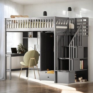 Playhouse Inspired Twin size Loft Bed with Bookshelf, Drawers, Desk and Wardrobe, Sturdy Construction & Unique Design, Grey