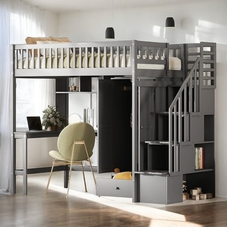 Twin size Loft Bed with Bookshelf, Drawers, Desk and Wardrobe, Grey