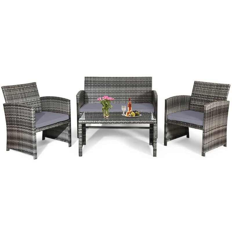 Gymax Set of 4 Rattan Furniture Set Conversation Glass Table Top