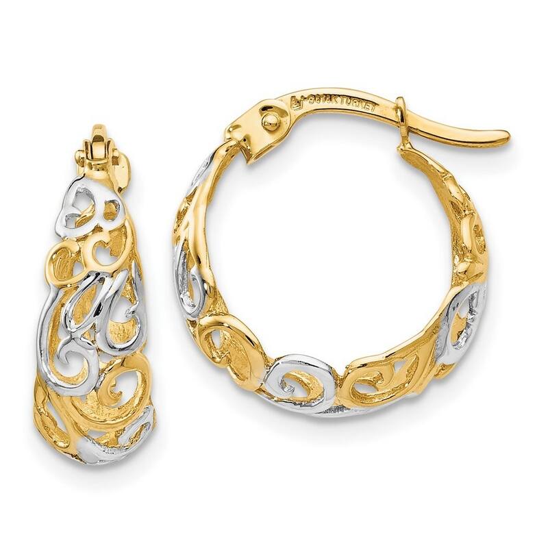 Curata 14k Two tone Gold Filigree Puff Hoop Earrings - 16x6mm