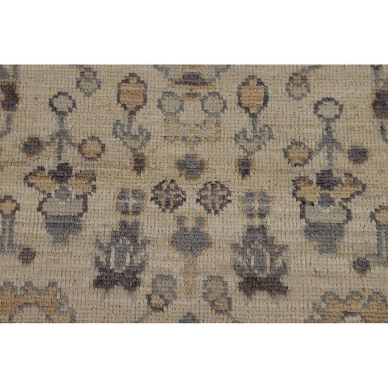Vegetable Dye Beige Oushak Turkish Runner Rug Hand-Knotted Wool Carpet - 3'2" x 11'10"