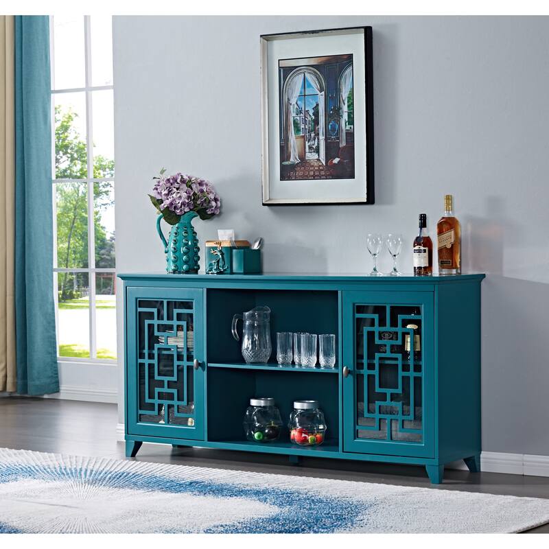 Modern Sideboard Storage Cabinet with Adjustable Shelves, Tempered Glass and Exquisite Hardware Accessories, Teal Blue