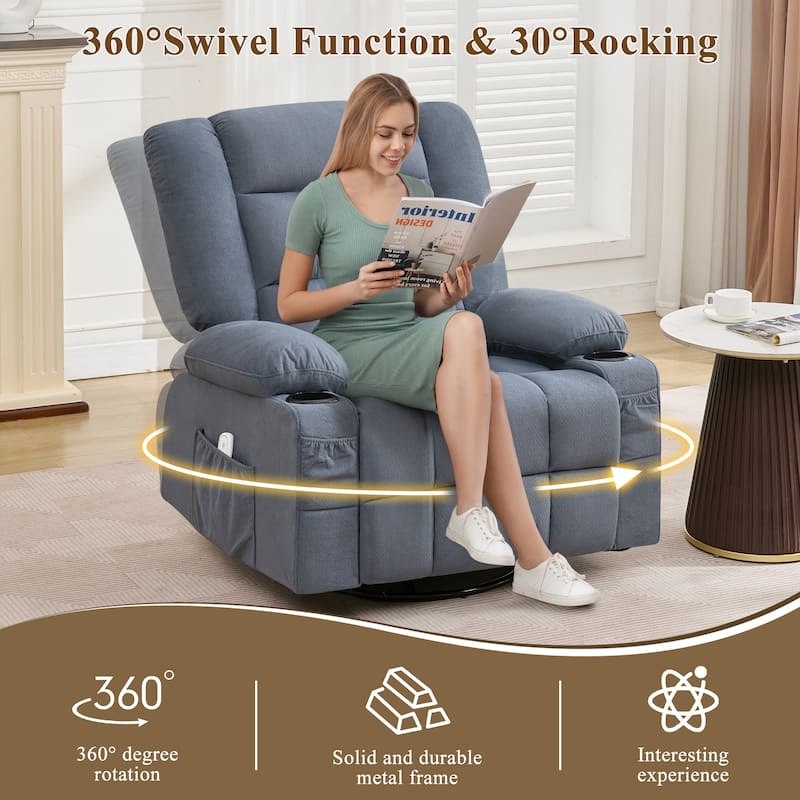 Oversized Swivel Recliner Chair with 4-Point 3D Kneading Massage and Heat, Single Sofa Chair with 2 Cup Holders & USB Port