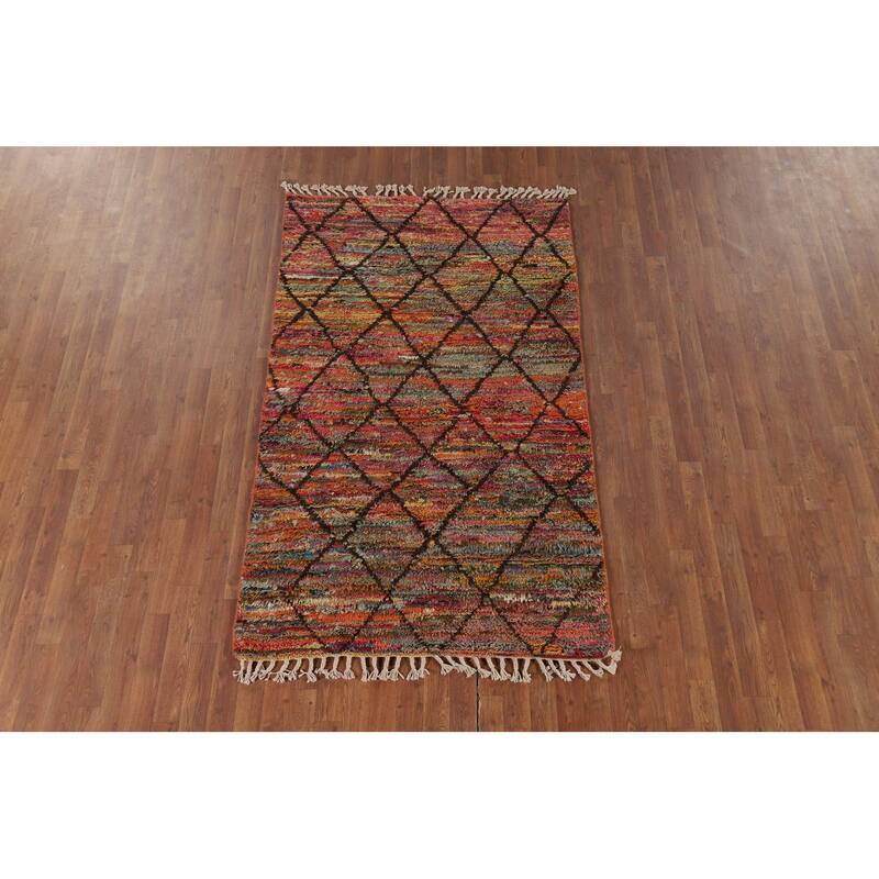 Hand Knotted Oriental 100% Wool Carpet Modern All-Over Multi-Colored Moroccan Area Rug - 6' 8'' X 4' 0''