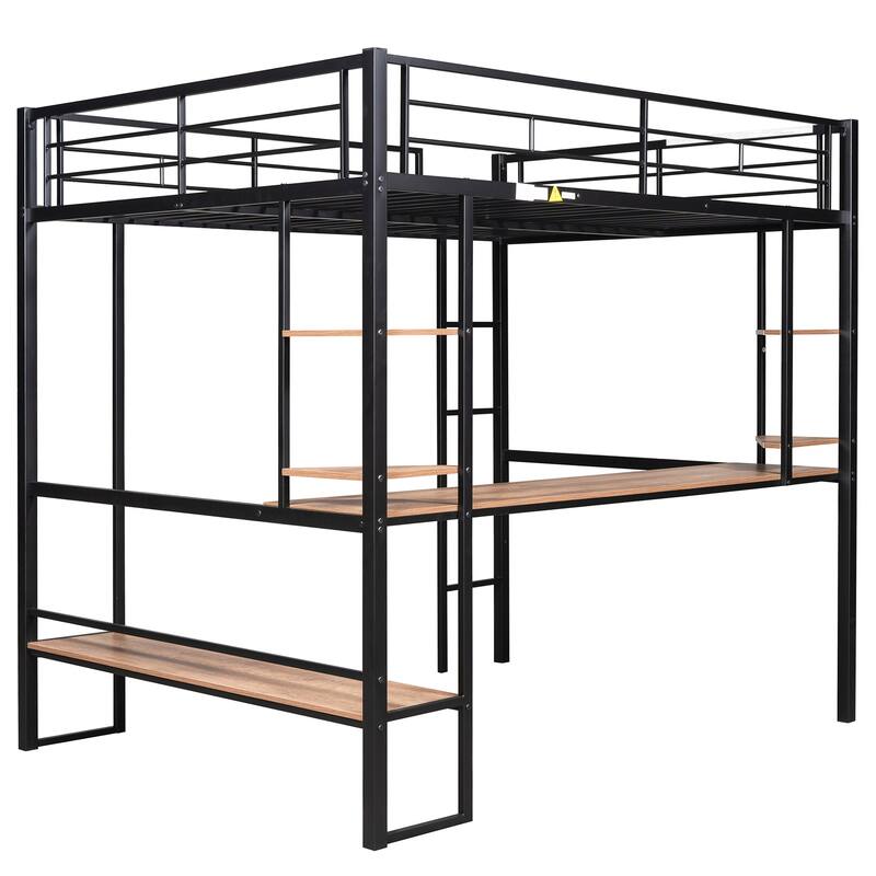 Full Size Loft Bed (Metal & MDF) - Long Desk & Shelves - Black, Space-Saving Functional Furniture