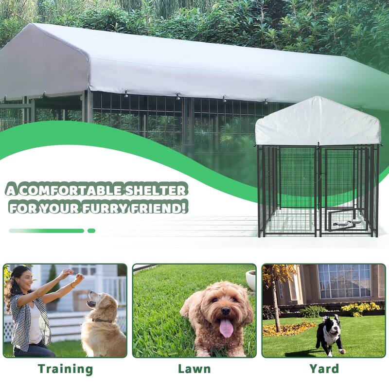 BOSSIN Large Outdoor Dog Kennel Galvanized Steel Fence with UV-Resistant Oxford Cloth Roof & Secure Lock