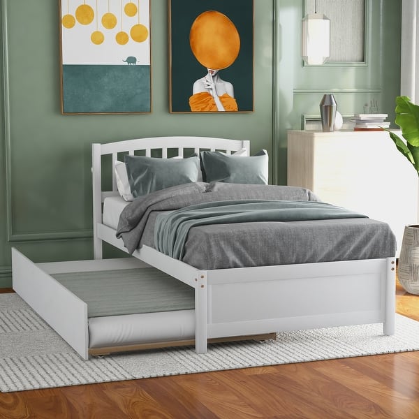 slide 2 of 10, Twin Size Wood Platform Bed with Trundle for Efficient Space Use and Elegant Bedroom Design White