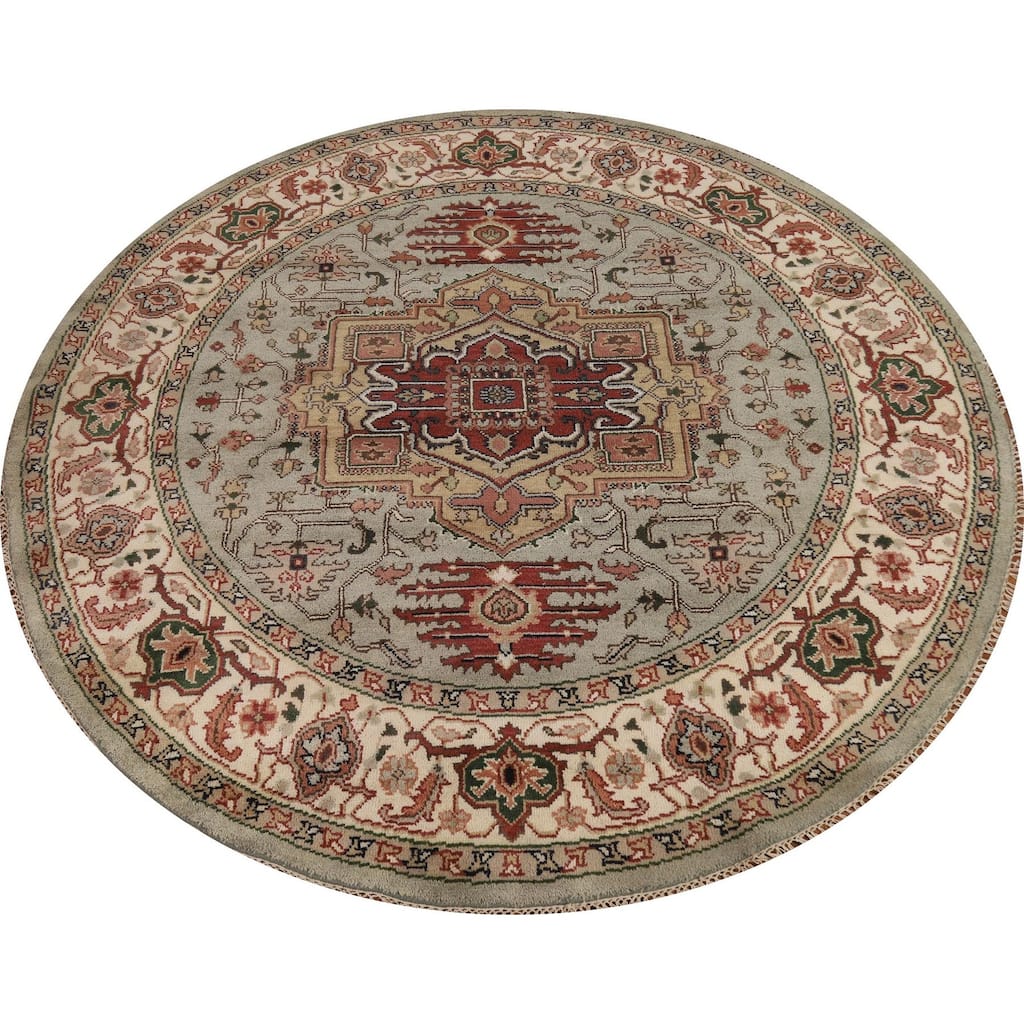 Heriz Serapi Indian Round Rug Hand-Knotted Wool Carpet - 7'10"x 7'10"