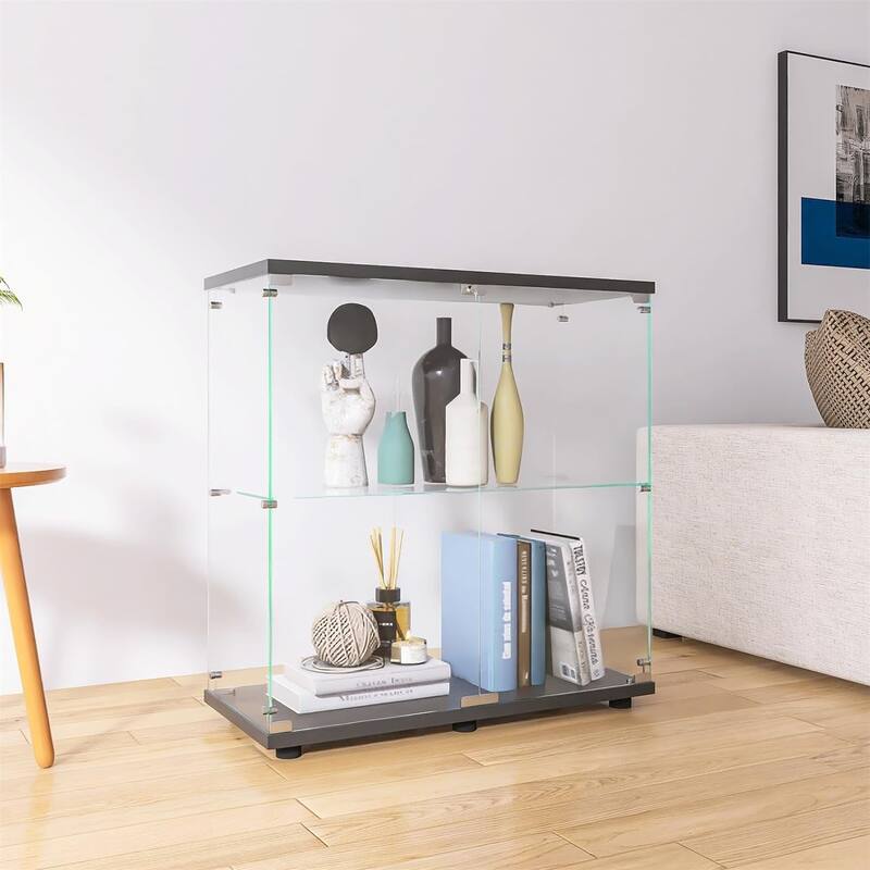 2 Shelves Display Cabinet with Glass Doors, Glass Display Cabinet, Floor Standing Curio Display Cabinet Trophy Display Case
