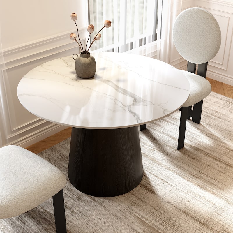 Small Round Modern Dining Table 43" Kitchen Table With Black Pedestal For 5 Person