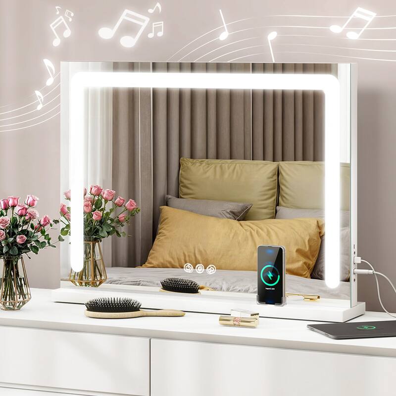 Moasis LED Lighted Makeup Mirror with Touch Screen 3 Colors Lighting Vanity Mirror w/ Wireless Charger and Speaker