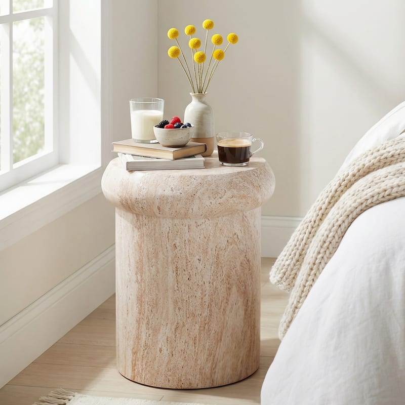 Christopher Knight Home - Lightweight Concrete Sculptural Side Table with Faux Marble Travertine Finish for Indoor & Outdoor