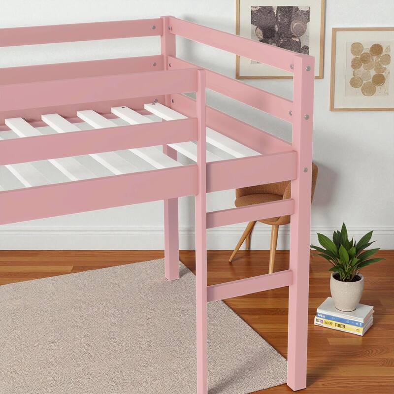 Solid Wood Twin Loft Bed with Ladder, Rubber Wood Frame Low Height Design with Guard Rails and Storage Space
