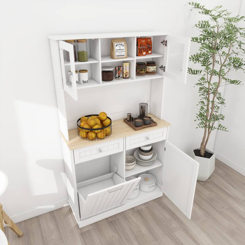 Anmytek 67.7" Tall White Kitchen Storage Cabinet with Tilt Out Trash, 2 Drawers & Adjustable Shelves
