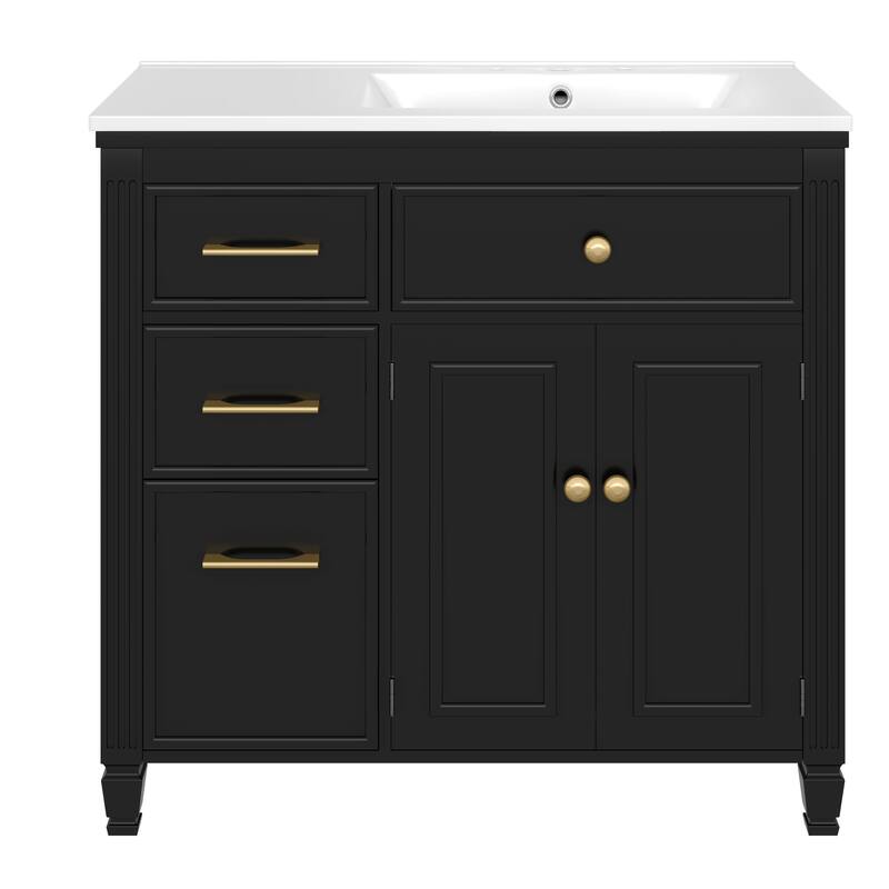 36" Bathroom Vanity with Ceramic Sink, Solid Wood Frame Storage Cabinet with Tip-Out Drawer & Cushioning Doors