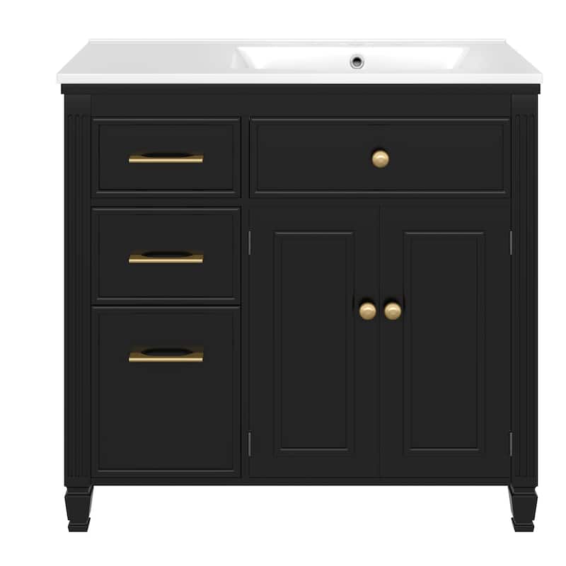 36" Bathroom Vanity with Sink, Ceramic Sink, One Tip-out Drawer, 3 Side Drawers, Adjustable Shelf