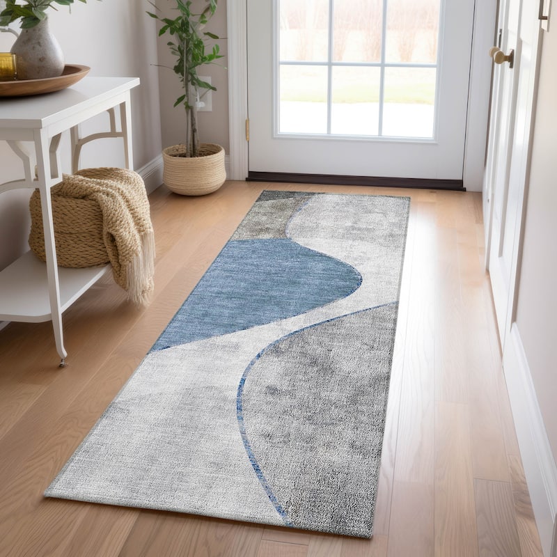 Machine Washable Indoor/ Outdoor Chantille Modern Abstract Rug - Blue - 2'3" x 7'6"