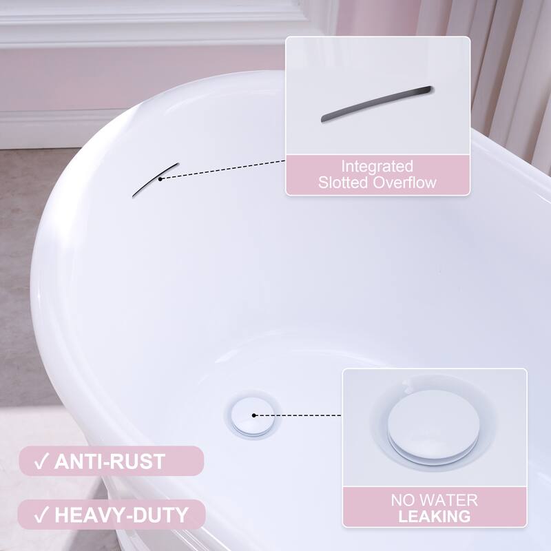 66'' W,68 GALLONS Freestanding Acrylic Soaking Bathtub With Drain And Overflow Holes