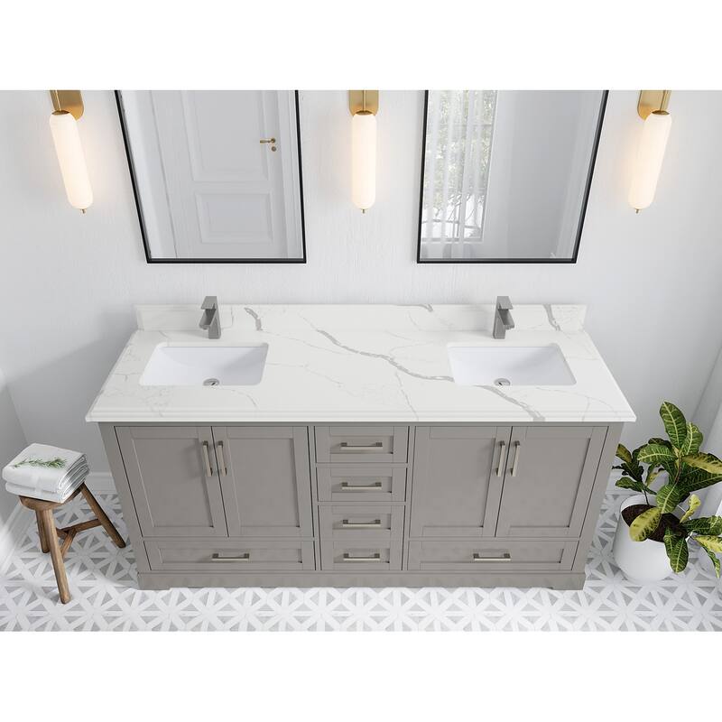 Willow Collection 72 in W x 22 in D x 36 in H Boston Double Bowl Sink Bathroom Vanity with Countertop - 1.5"Calacatta - Elephant Skin Gray