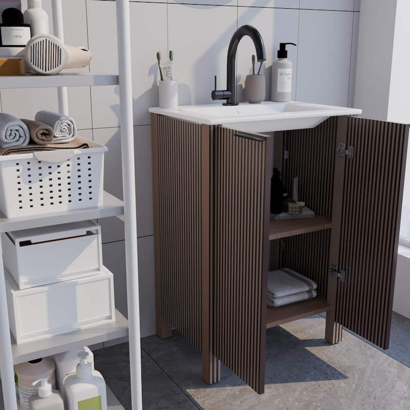 GDFStudio - Maxwell 30-Inch Freestanding Bathroom Vanity with Integrated Basin and Foldable Storage Cabinet Design