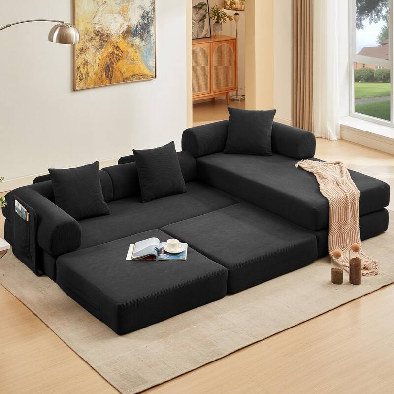 107" L-Shaped 6-in-1 Corduroy Modular Sectional Sofa, Convertible Out Sofa Bed, 4-Seat, Black