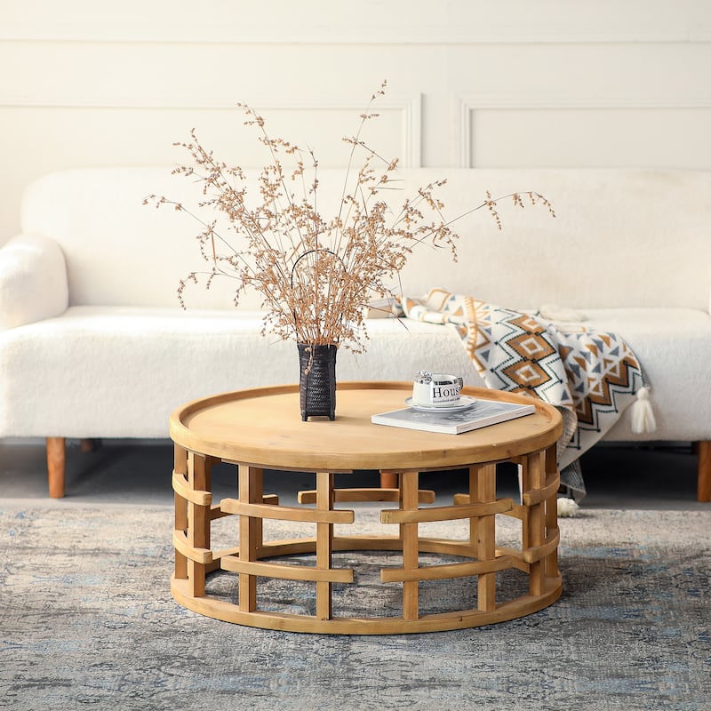 31.5" Round Boho Coffee Table - Rustic Farmhouse Accent Table with Open-Frame Base, Solid Wood Finish Cocktail Table