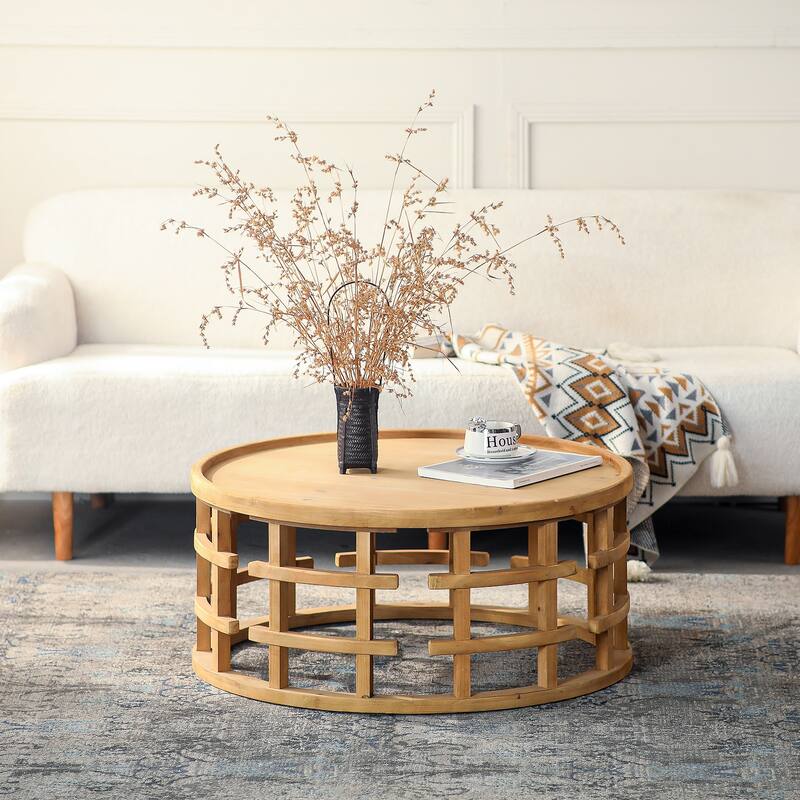 Round Coffee Table, Rustic Accent Table with Open-Frame Base, Wood Cocktail Table for Living Room