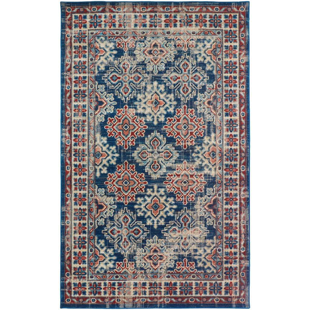 Kezia Vintage Style Tribal Kazak Rug, Classic Blue/True Red