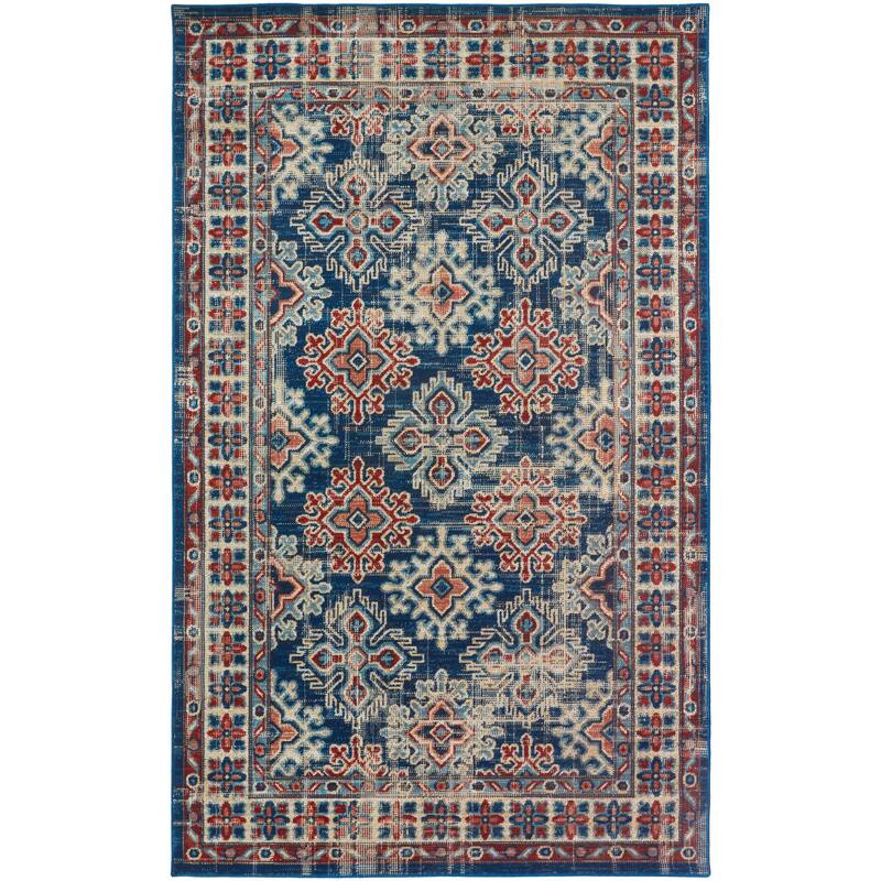 Kezia Vintage Style Tribal Kazak Rug, Classic Blue/True Red